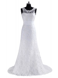 Fine Scoop Scalloped Sleeveless Brush Train Backless Wedding Dresses White Lace