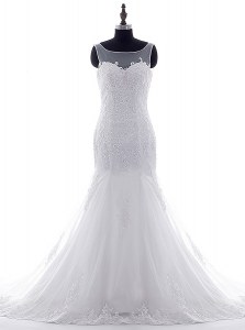 Noble Mermaid Scoop White Lace Up Wedding Dress Lace and Appliques Sleeveless With Brush Train