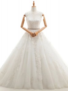 Charming Scoop Sleeveless Brush Train Clasp Handle Wedding Dress White Tulle