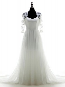 Edgy White 3 4 Length Sleeve Tulle Brush Train Zipper Bridal Gown for Wedding Party