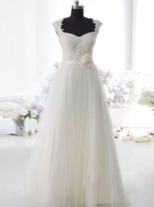 High Quality Lace and Hand Made Flower Wedding Gown White Side Zipper Sleeveless Floor Length