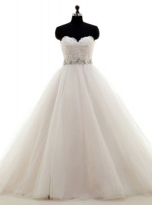 Enchanting Tulle Sweetheart Sleeveless Brush Train Lace Up Beading and Lace Wedding Gowns in White