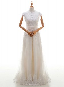 Charming White Empire Tulle Scoop Cap Sleeves Lace and Appliques With Train Zipper Wedding Gowns Brush Train