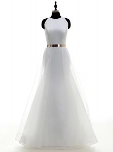 Scoop White Sleeveless Ruching and Belt Floor Length Bridal Gown