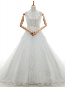 Spectacular V-neck Sleeveless Watteau Train Lace Up Bridal Gown White Lace