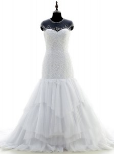 Simple Scoop White Chiffon and Lace Zipper Wedding Gown Short Sleeves With Brush Train Beading and Lace