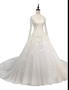 Unique Off the Shoulder Long Sleeves Tulle With Train Chapel Train Zipper Wedding Dress in White with Lace and Appliques