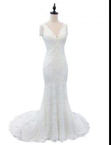 White Mermaid Lace V-neck Cap Sleeves Lace With Train Zipper Wedding Gown Brush Train