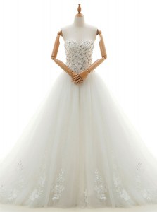 Stunning Beading and Appliques Wedding Dress White Lace Up Sleeveless With Train Chapel Train