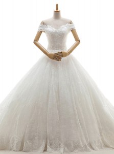 Off the Shoulder With Train White Wedding Gowns Tulle Court Train Sleeveless Lace and Appliques
