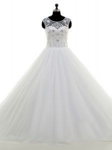 Scoop White Clasp Handle Wedding Dress Beading Sleeveless With Brush Train