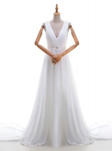Comfortable White Sleeveless Brush Train Appliques With Train Wedding Gowns