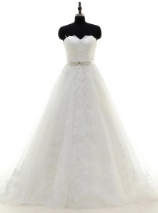 Luxurious Lace White Sleeveless With Train Sashes ribbons Zipper Wedding Dress