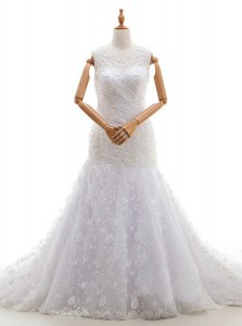 Scoop Lace Sleeveless With Train Wedding Dresses Court Train and Lace and Ruching