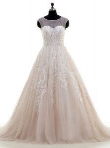 Clearance Scoop With Train Peach Wedding Dresses Tulle Brush Train Cap Sleeves Lace and Appliques