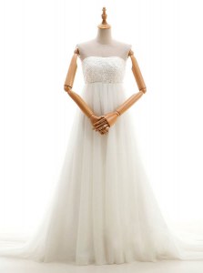 Custom Fit White Empire Tulle Strapless Sleeveless Lace With Train Zipper Wedding Gown Court Train