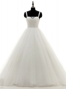 Modest Floor Length White Wedding Gown Tulle and Lace Sleeveless Beading