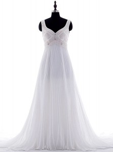 Hot Sale White Sleeveless With Train Beading and Pleated Zipper Wedding Dresses