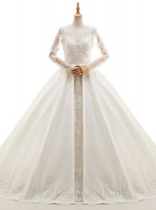 Appliques Wedding Dresses White Zipper Long Sleeves With Train Cathedral Train
