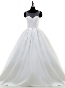 With Train A-line Sleeveless White Wedding Dress Sweep Train Zipper