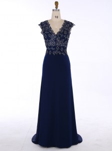 Navy Blue Dress for Prom Prom and Party and For with Appliques V-neck Sleeveless Sweep Train Zipper