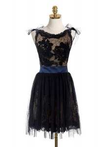 Delicate Scoop Lace and Belt Evening Dress Black Backless Sleeveless Mini Length