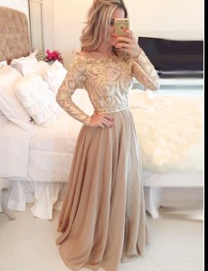 Scoop Long Sleeves Floor Length Beading and Lace Zipper Evening Dress with Brown
