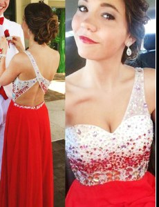 Stunning Backless One Shoulder Sleeveless Prom Dress Floor Length Beading Red Chiffon