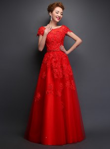 Exceptional Floor Length Red Dress for Prom Scoop Cap Sleeves Lace Up