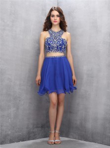 Glamorous Royal Blue A-line Chiffon Scoop Sleeveless Beading Knee Length Criss Cross Prom Dresses
