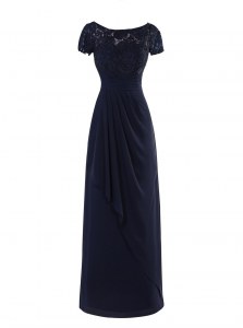 Lovely Chiffon Scoop Short Sleeves Zipper Lace and Ruching Evening Dress in Navy Blue