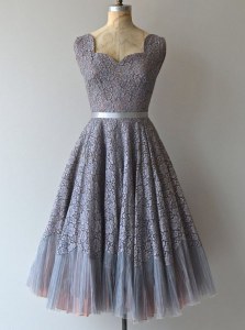 Stunning Square Lace Grey Sleeveless Knee Length Belt Zipper Prom Evening Gown