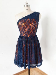 High End One Shoulder Sleeveless Zipper Dress for Prom Navy Blue Lace
