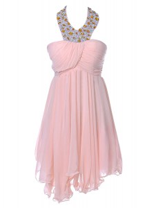 A-line Prom Evening Gown Baby Pink Strapless Chiffon Sleeveless Knee Length Backless