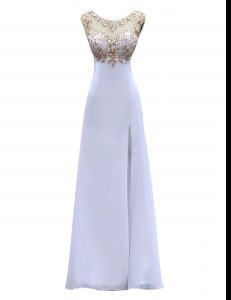 Scoop Beading Dress for Prom White Backless Sleeveless Floor Length
