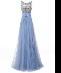 Scoop Sleeveless Tulle Prom Gown Beading and Bowknot Backless