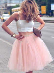 Excellent Sleeveless Tulle Mini Length Zipper Homecoming Dress in Pink And White with Ruffles
