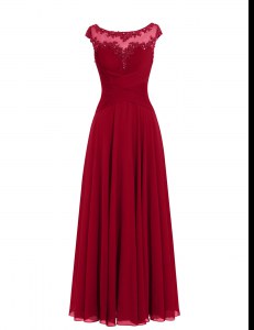 Wine Red A-line Chiffon Scoop Cap Sleeves Appliques Floor Length Zipper Prom Dress