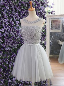Suitable Scoop Grey Tulle Lace Up Prom Party Dress Sleeveless Mini Length Appliques