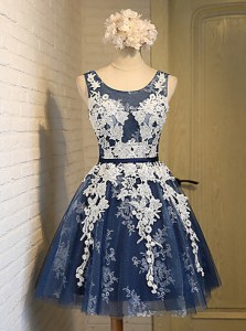 Eye-catching Navy Blue Scoop Lace Up Appliques Prom Dress Sleeveless