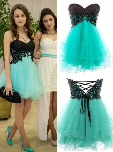 Affordable Turquoise Tulle Zipper Prom Party Dress Sleeveless Mini Length Appliques