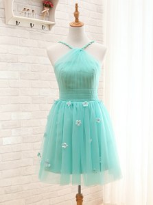 Aqua Blue Tulle Lace Up Straps Sleeveless Mini Length Prom Gown Hand Made Flower
