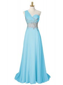 High End One Shoulder With Train Side Zipper Prom Gown Aqua Blue for Prom and Party with Beading Brush Train