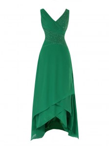 Luxury Green V-neck Neckline Beading and Ruching Prom Dresses Sleeveless Zipper