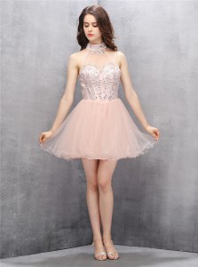 Latest Baby Pink A-line High-neck Sleeveless Tulle Mini Length Zipper Beading and Sequins Prom Dresses