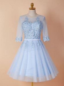 Spectacular Light Blue Backless Scoop Appliques Homecoming Dress Organza Half Sleeves