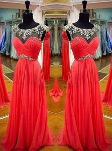 Scoop Floor Length Backless Evening Dress Coral Red for Prom and Party with Sashes ribbons