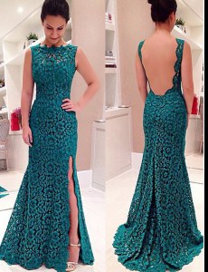 Fitting Mermaid Lace Scalloped Sleeveless Backless Lace Homecoming Dress in Teal