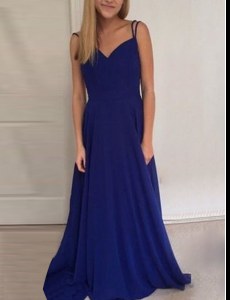 Royal Blue A-line Scoop Sleeveless Chiffon Brush Train Backless Ruching Prom Dress