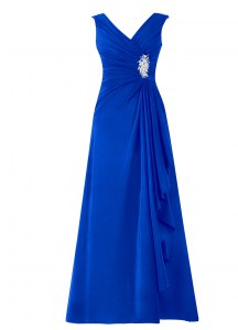 Royal Blue A-line Chiffon V-neck Sleeveless Beading Floor Length Zipper Evening Outfits